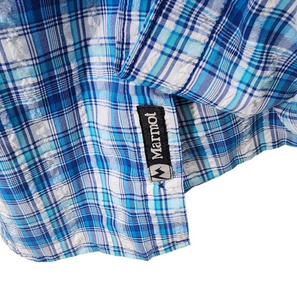 Marmot Mens‎ Blue Plaid Short Sleeve Button-Up Shirt L Nylon/Polyester - Picture 6 of 8